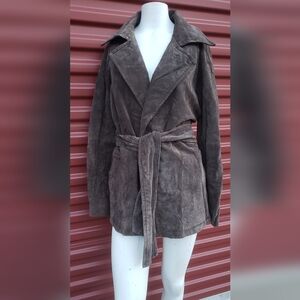 Margaret Godfrey Womens Blazer Jacket Sz Med Brown Genuine Leather Suede Tie